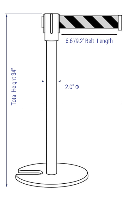 Dimension of 34 Inch Retractable Tape Barriers Stackable Iron Cast U Base Design