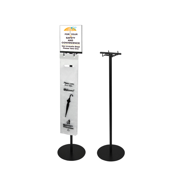 Floor Standing Wet Umbrella Bag Holder with PVC Sign Panel 8½W x 11H Inch holds 200 bags on each of 2 sides and a cast iron base