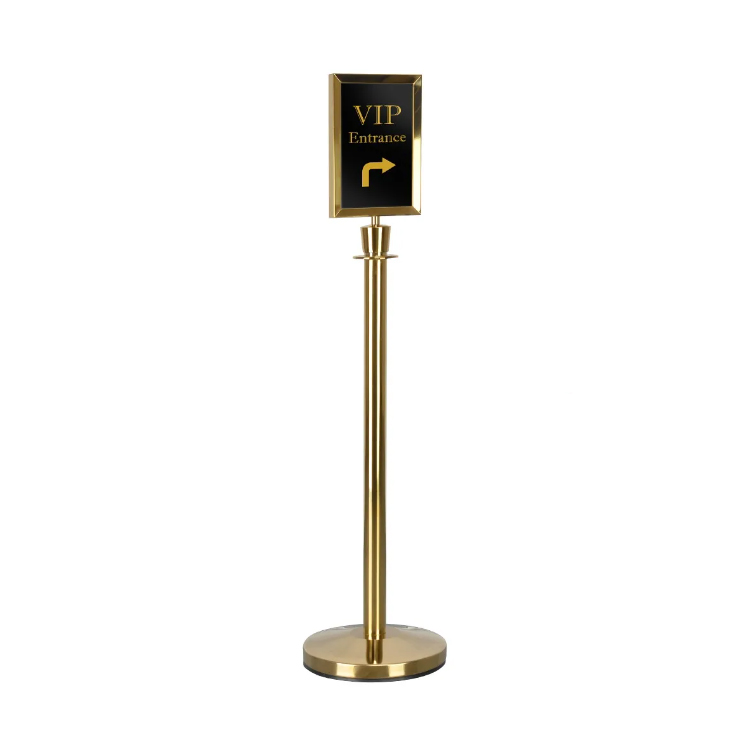 Gold Effect A4 Portrait Poster Holder mounts to urn top rope barriers with a removable screw-on design