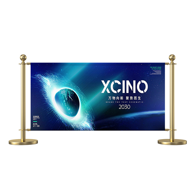 Custom Printing Cafe Barrier Breeze Screen & Dual Ball Top Gold Rope Pillars feature lightweight yet durable metal crossbars